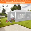 A gray party tent is set up in a grassy backyard, with a child and a dog playing on the lawn in front of it. Produktbild-Vorschau
