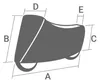 A diagram showing the dimensions of a motorcycle cover with labels A, B, C, D, and E. Anteprima dell’immagine prodotto