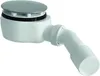 A white shower drain with a silver top and a white pipe attached. Produktbild-Vorschau