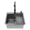 A stainless steel kitchen sink with a black faucet, shown from a top-down perspective against a white background. Náhled obrázku produktu