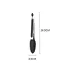 A pair of black silicone kitchen tongs with silver metal handles, shown against a white background with measurement indicators. Produktbild-Vorschau