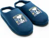 A pair of blue Peanuts Snoopy slippers on a white background.