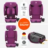 A collage of images showing a purple car seat from different angles, including a folded view, with marketing text and icons. Produktbild-Vorschau
