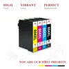 A group of four ink cartridges for a printer, with marketing text and graphics in the background. Produktbild-Vorschau