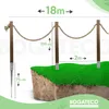 Diagram showing a rope fence system with dimensions for height, length, and post spacing, installed on the edge of a grassy area. Produktbild-Vorschau