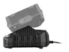 A black battery charger with a gray battery partially inserted. Produktbild-Vorschau