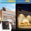 A split image showing a solar panel charging lights during the day and the lights illuminating an outdoor patio at night. Produktbild-Vorschau