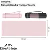 A pink yoga mat with dimensions and accessories shown, along with branding. Produktbild-Vorschau