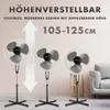 Three adjustable stand fans are displayed with arrows indicating height adjustment and text highlighting features. Produktbild-Vorschau
