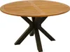 A round wooden table with a dark metal base, shown against a white background. Produktbild-Vorschau