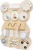 A wooden Montessori busy board shaped like a bear, featuring various interactive elements for children. Produktbild-Vorschau