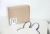 A cardboard box with a bunny sticker and a bunny-shaped neon light on a white table. Produktbild-Vorschau
