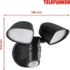 A black LED outdoor light with a motion sensor, shown against a white background with dimensions indicated. Produktbild-Vorschau