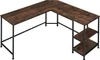 An L-shaped desk with a wood-grain finish and black metal legs, shown from a slightly elevated angle against a white background. Voir les images du produit
