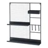A black metal wall grid with shelves and hooks against a white background. Produktbild-Vorschau
