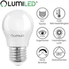 A LUMILED LED light bulb is shown next to several icons describing its features. Produktbild-Vorschau