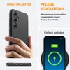 A hand holding a black phone case, with marketing text and graphics about the product's features. Produktbild-Vorschau