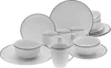 A set of white ceramic dishes with a black rim, including plates, bowls, and mugs, arranged on a white background. Náhľad obrázku produktu