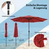 Collage showing a red patio umbrella, its assembly, and how it is stored. Voir les images du produit