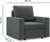 A dark gray armchair with dimensions indicated by lines and text. Produktbild-Vorschau