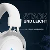 Close-up of a white gaming headset with text overlays highlighting its features. Anteprima dell’immagine prodotto