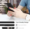 A person's hands are holding a black phone case, with close-up shots of the case's features and descriptive text. Náhled obrázku produktu