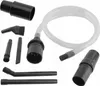 A collection of black vacuum cleaner attachments and a clear hose are arranged on a white background. Produktbild-Vorschau