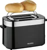 A black and silver toaster with two bread rolls on top. Produktbild-Vorschau