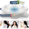 A pillow with diagrams showing airflow, and three images of people sleeping on it. Produktbild-Vorschau