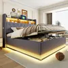 A modern bedroom with a large upholstered bed featuring built-in LED lighting and storage. Produktbild-Vorschau