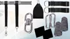 A collage of various fitness accessories, including straps, carabiners, a drawstring bag, and padded grips, arranged against a light blue and white gradient background. Podgląd zdjęcia produktu