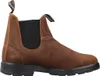 A side view of a brown suede boot with a black sole and black elastic side panels. Voir les images du produit