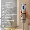 A hand holding a silver immersion blender with blue illuminated buttons, with text detailing its features on the left. Produktbild-Vorschau