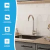 A kitchen sink with a faucet, set against a tiled backsplash and cabinetry, with a blue sidebar highlighting product features. Produktbild-Vorschau