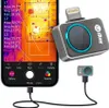 A smartphone displaying a thermal image and a thermal camera attachment. Voir les images du produit