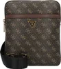 A brown Guess crossbody bag with a repeating logo pattern.
