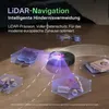 A robot vacuum cleaner is shown navigating around obstacles on a wooden floor, with purple laser lines indicating its scanning. Produktbild-Vorschau