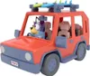 A toy car with a dog figurine driving, carrying surfboards on the roof. Náhľad obrázku produktu
