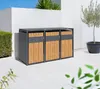A modern outdoor trash bin enclosure with a wood-look finish, set against a white wall and a bright blue sky. Produktbild-Vorschau
