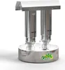 A 3D rendering of a stainless steel greenhouse heater with two heating elements and a reflective top. Produktbild-Vorschau
