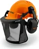 A professional studio shot of an orange and black STIHL helmet with ear protection and a mesh face shield. Anteprima dell’immagine prodotto