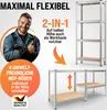 Marketing image showcasing a shelving unit in different configurations, with a man giving a thumbs up. Produktbild-Vorschau