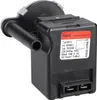 A black washing machine pump with a label. Produktbild-Vorschau