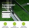 Close-up of a metal frame structure on a green grassy surface, with text overlays and icons describing features. Produktbild-Vorschau