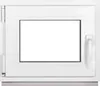 A white PVC window with a clear glass pane and a white handle. Produktbild-Vorschau