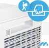 Close-up of a white dehumidifier with marketing icons overlaid. Voir les images du produit