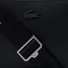 A close-up of a black bag with a black crocodile logo and a silver buckle. Voir les images du produit