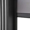 A close-up view of a dark gray roller blind mechanism and frame, with white vertical stripes on the left side. Produktbild-Vorschau