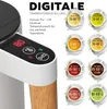 A close-up of a white electric kettle with a digital display and wooden accents, surrounded by graphics illustrating different tea types and their brewing temperatures. Produktbild-Vorschau