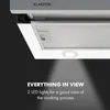 Close-up of a white and silver range hood, highlighting its LED lighting and control panel, with text overlays. Náhľad obrázku produktu